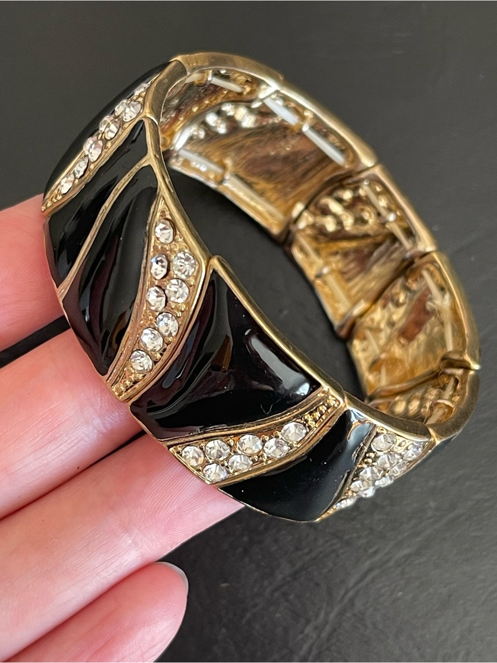 Gold-Tone Black Enamel stretch Bracelet with Crystal Accents